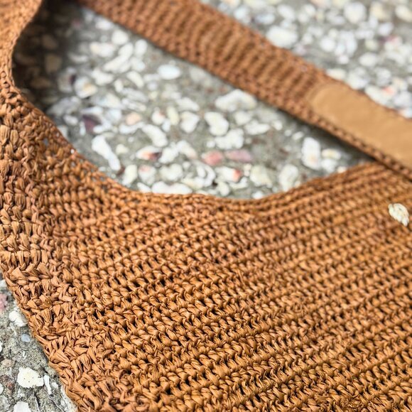 Helen Kaminski Australia Raffia Crochet Shoulder Bag Tan Brown Leather Strap - Picture 5 of 13